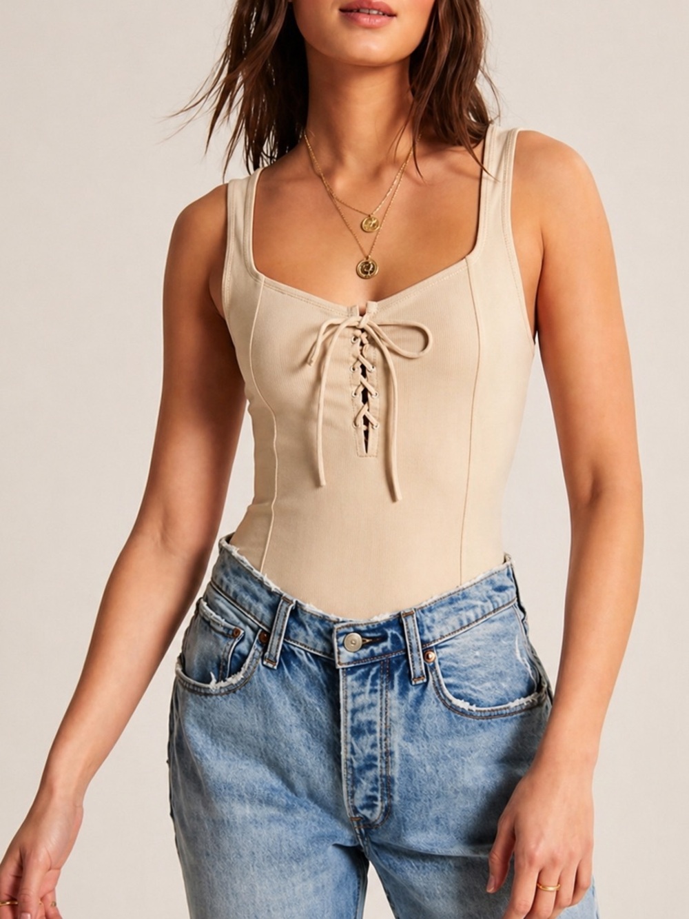 Abercrombie & Fitch Lace-Up Bodysuit Tank Top - Beige